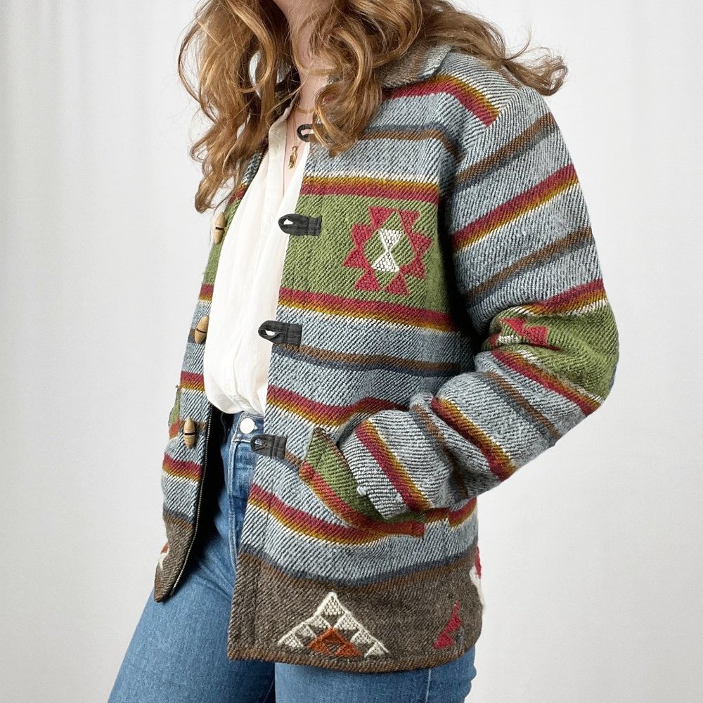 Vintage Western Bohemian Jacket Duffle Wood Toggle Coat Boho Aztec Boho Handmade - Picture 2 of 7
